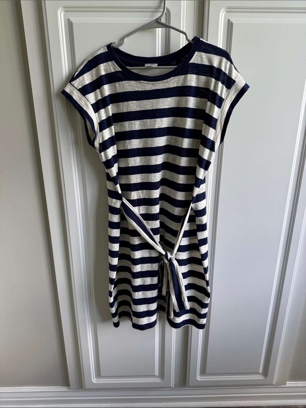 J. Crew Navy and White Striped Tie-Front Knit Dress Large